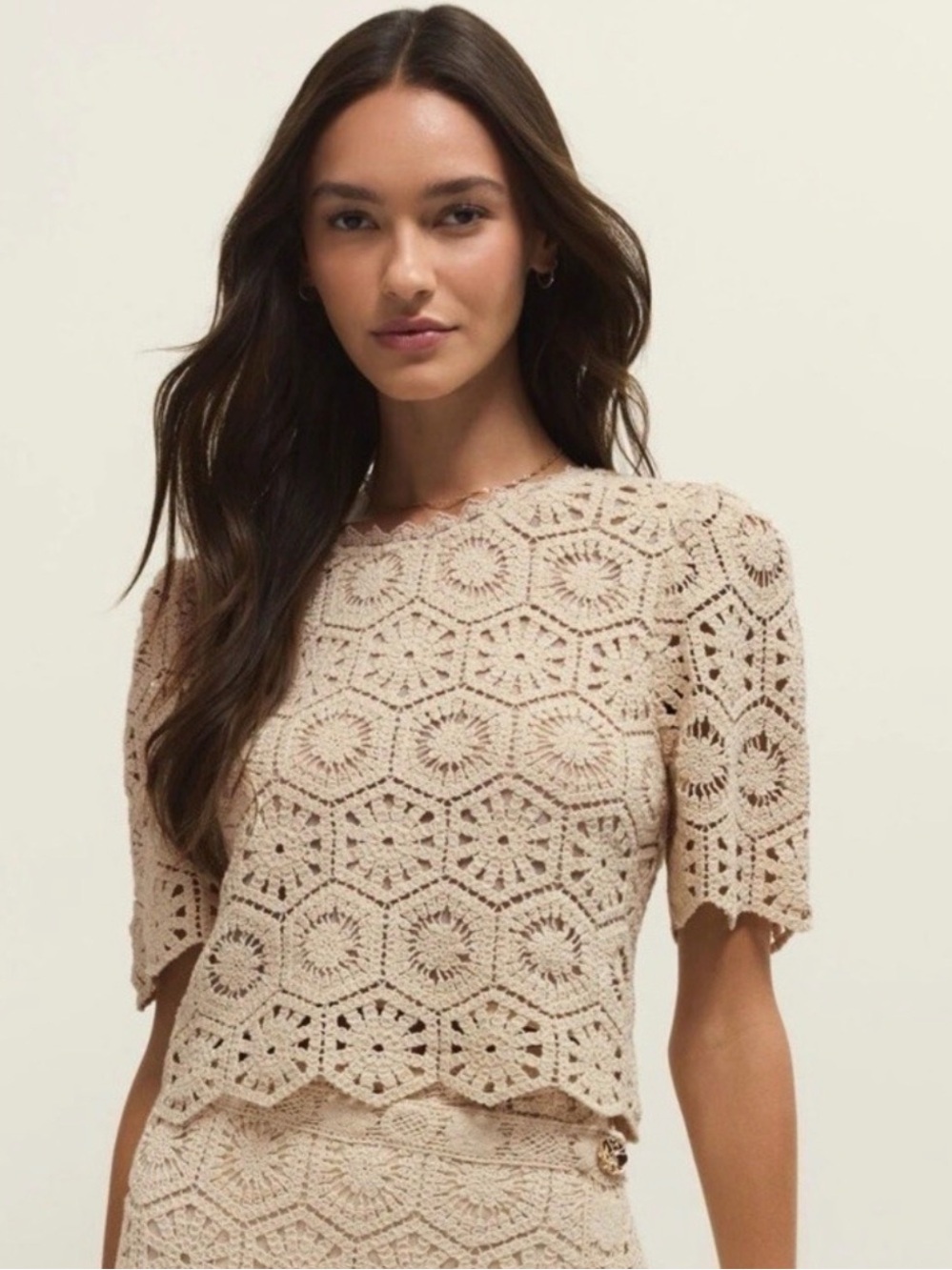 Z Supply Beige Crochet Short Sleeve Top